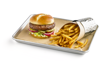 Photo of Boston's burger with side of Fries.