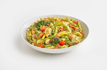 image of Veggie Pesto Pasta with penne noodles and roasted veggies.