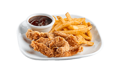 Breaded chicken strips with a side of seasoned fries and a cup of barbecue sauce.