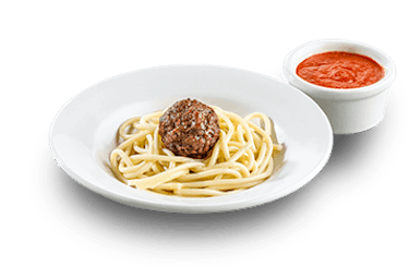 Kid-sized spaghetti with a meatball on top with a cup of marinara on the side.