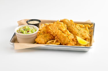 Image of fish and chips on a tray.