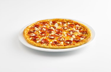 image of a thin crust Pepperoni and Feta pizza.