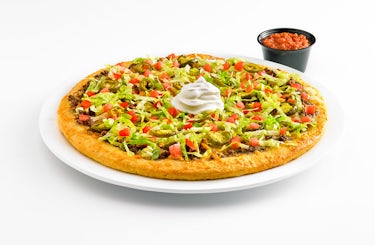 Photo of Taco Pizza with side of salsa.